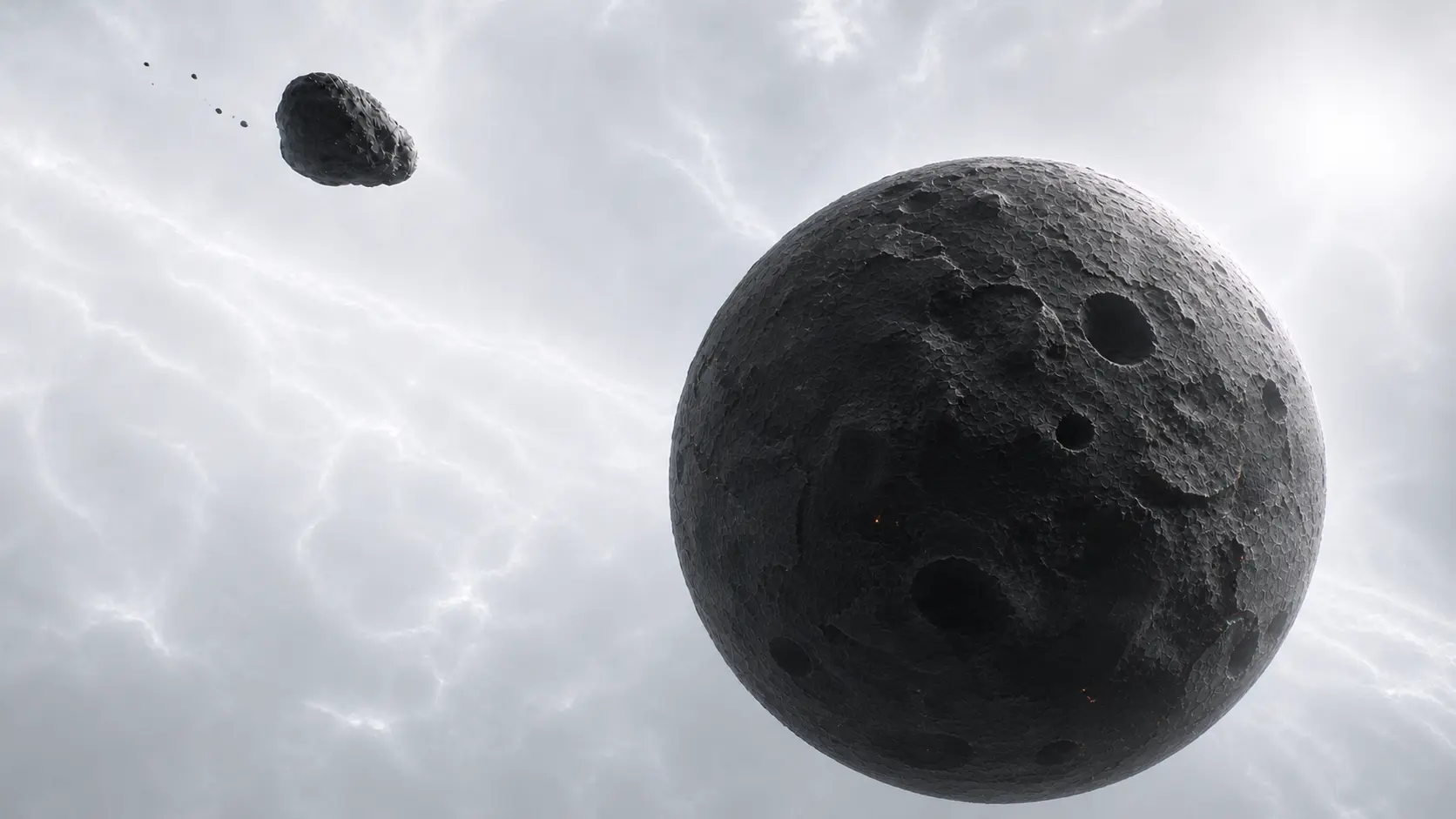 A dark early planetary body suspended in a pale field